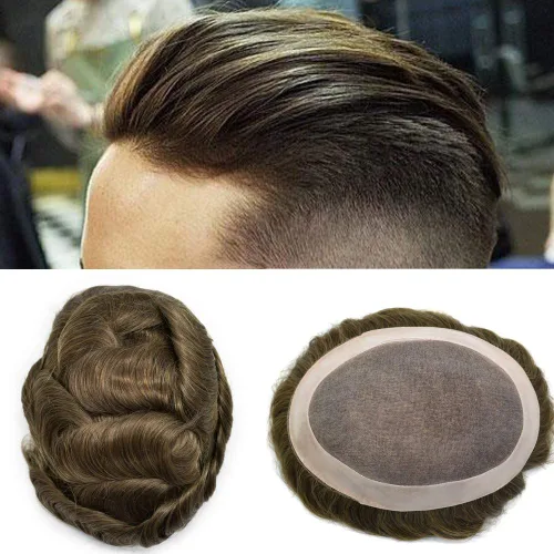 Vista 33 de LOVIN - Sistema de cabello humano para hombres, postizo fino de encaje mono para hombre, prótesis masculina de piel de polietileno alrededor
