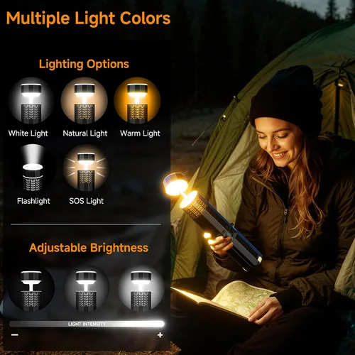 Vista 4 de Linterna de camping recargable de 21000mAh, luces de camping telescópicas, linterna de camping magnética plegable con soporte IPX6 impermeable, Negro