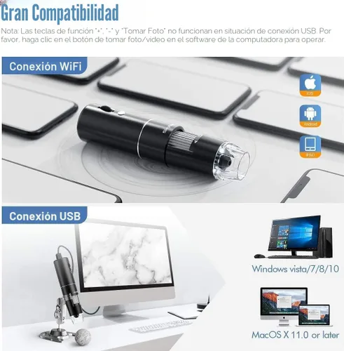 Vista 2 de Microscopio digital inalámbrico, SKYBASIC 50X-1000X Ampliación WiFi Microscopios portátiles de mano con soporte ajustable HD Cámara de microscopio