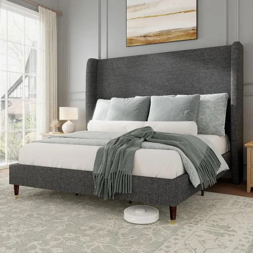 Vista 13 de Jocisland Base de Cama de Plataforma Completamente Tapizada con Cabecero Wingback de 51.2" de Alto–Patas de Madera Sólida, No Necesita Somier, Lino
