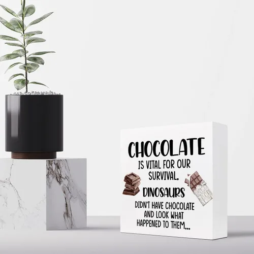 Vista 4 de Divertido letrero de madera para cocina, chocolate es vital para nuestra supervivencia, caja de madera, placa de bloque para decoración del hogar