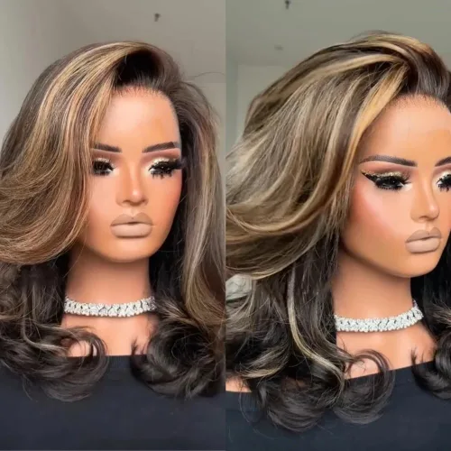 Vista 6 de #1B/4/27 - Pelucas de cabello humano corto ondulado en capas con reflejos degradados 13x4 HD transparente con encaje frontal, pelucas de cabello
