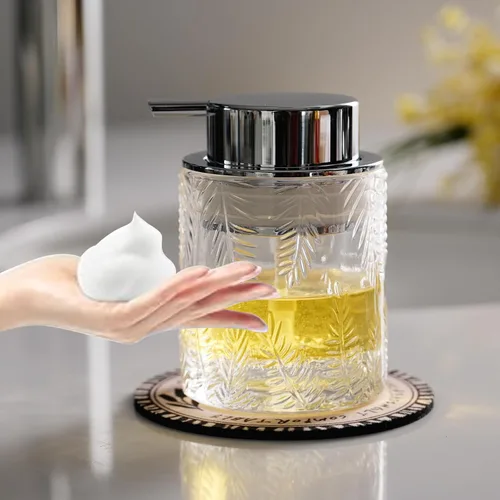 Vista 10 de CICUFY Dispensador de Jabón de Manos o Loción de Vidrio Espumoso, Dispensador de Jabón Líquido Recargable con Bomba Grande de Plata