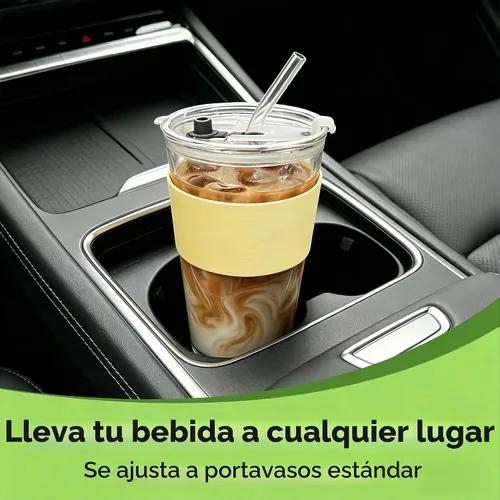 Vista 3 de Birity Vasos de vidrio de 16 onzas con tapas y popotes, vaso de vidrio con popote y tapa, tazas de café helado reutilizables para té, jugo