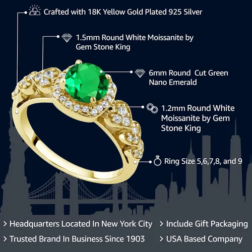 Vista 2 de Gem Stone King Anillo de compromiso chapado en oro amarillo de 18 quilates con esmeralda simulada para mujer