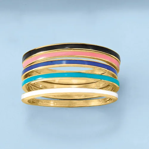 Vista 4 de Ross-Simons Multicolored Enamel Jewelry Set 5 Rings in 18kt Gold Over Sterling