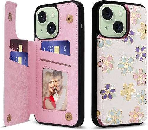 Vista 45 de UEEBAI Funda tipo cartera para iPhone 13 con tarjeteros, piel sintética, diseño floral, función atril, bloqueo RFID, doble cierre magnético, funda