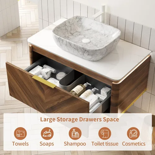 Vista 5 de LKTART Mueble de baño flotante de 36 pulgadas con fregadero, moderno armario de almacenamiento montado en la pared con luz LED, lavabo de cerámica