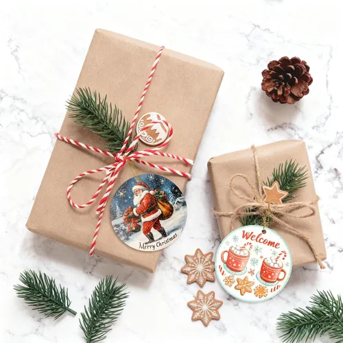 Vista 7 de Juego de 6 adornos colgantes de Navidad, adornos de Papá Noel de 3.4 pulgadas, adornos colgantes de cerámica para decoración del árbol de Navidad