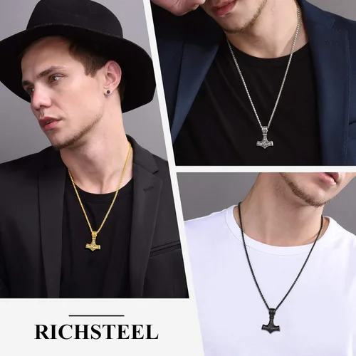 Vista 2 de Richsteel Necklaces for Men Womens Thor's Hammer Pendant Mjolnir 316 Stainless Steel18K Gold PlatedBlack Viking Nordic Jewelry