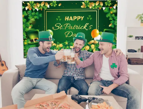 Vista 5 de Decoraciones de pancarta de feliz día de San Patricio, telón de fondo del día de San Patricio de 71 x 45 pulgadas con diseño de trébol de la suerte