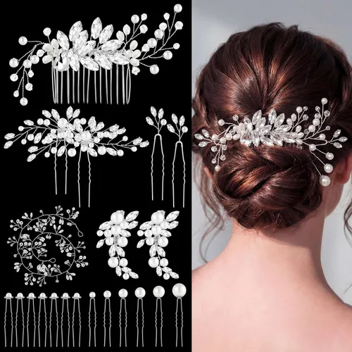 Vista 4 de Maitys - 44 piezas de accesorios para el cabello de novia, estilo clásico Wedding Hair Clips for Prom, Silver Rhinestone U Pins, Faux Pearl Combs