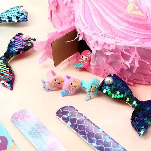 Vista 3 de Wettarn 90 piezas de recuerdos de fiesta de sirena, incluye paquete de piñatas de 16 x 12 x 3 pulgadas, pulseras de horquilla para niños, niñas