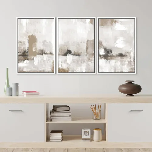 Vista 190 de SIGNFORD - Set de obras de arte en lienzo enmarcado para pared, ilustraciones abstractas de neblina del desierto en tonos neutros beige y marrón
