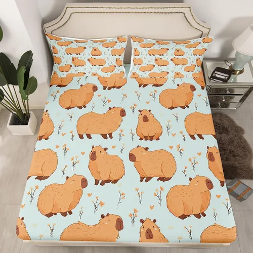 Vista 11 de jejeloiu Capybaras - Juego de sábanas de tamaño individual para amantes de los animales, para niños y niñas, lindas sábanas decorativas de Capybara