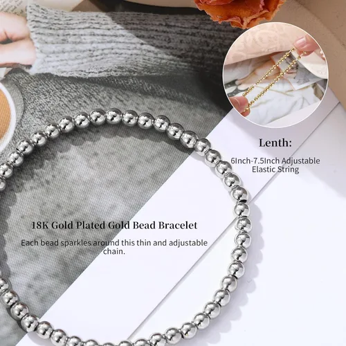 Vista 2 de Gold Bead Bracelet for Women 14K Gold Plated Bead Ball Bracelet Stretchable Bracelet Rose Gold Silver Valentine's Day Gifts