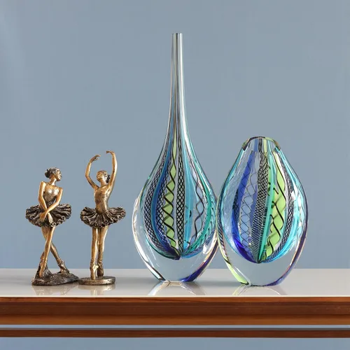 Vista 7 de Ca D Oro - Florero de cristal con bastones azules y verdes, soplado a mano, estilo Murano, modelo bajo