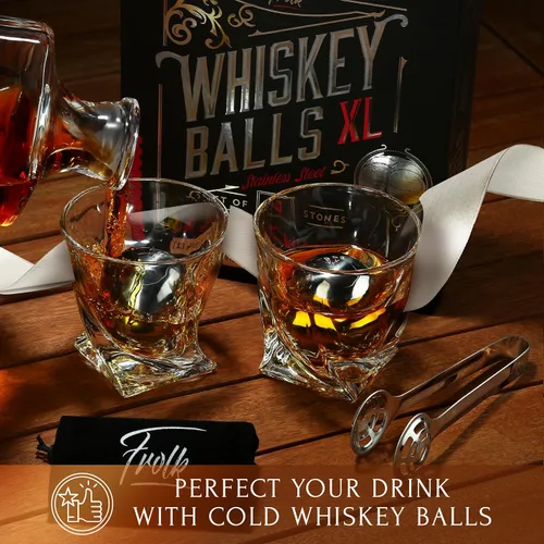 Vista 4 de Regalos para él – Hombres Papá Marido – 4 bolas de hielo de whisky de acero inoxidable XL, pinzas especiales y bolsa de congelador en caja de regalo