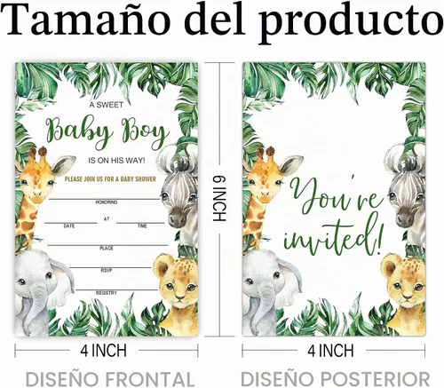 Vista 2 de Invitaciones de baby shower para niño, tarjetas de relleno de animales de la selva con sobres, de madera, juego de 25. green2