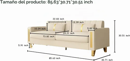 Vista 2 de Sofá de dos plazas para sala de estar, sofá de terciopelo beige de 86 pulgadas con 2 almohadas y patas de metal dorado, sofá tapizado moderno sofá