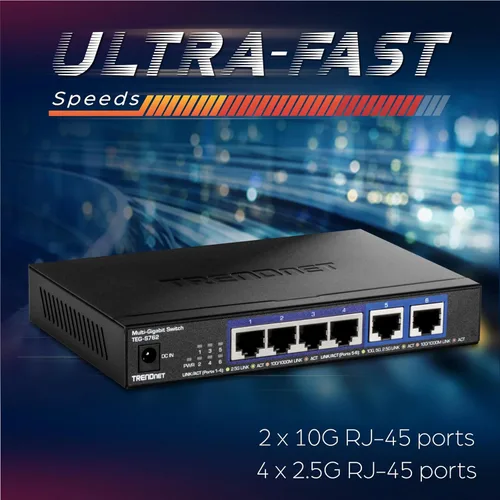 Vista 8 de TRENDnet Switch 10G de 6 puertos, 4 puertos 2.5G RJ-45 Base-T, 2 puertos RJ-45 10G, capacidad de conmutación de 60Gbps, montable en pared