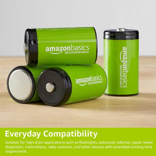 Vista 5 de Amazon Basics Baterías recargables de celda D, paquete de 4, NiMH, 10000 mAh, recarga hasta 1000 veces y precargadas