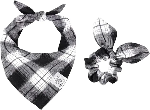 Vista 17 de E-Clover Bandana de Perro a Cuadros Marrón y Scrunchie a Juego - Bandana de Perro de Otoño Triangular a Cuadros Bufanda Babero para Mascotas