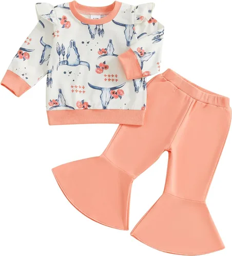 Vista 8 de Kaipiclos Ropa occidental para bebé niña, con lindo estampado con volantes, manga larga, pantalones para otoño e invierno, trajes de vaquera