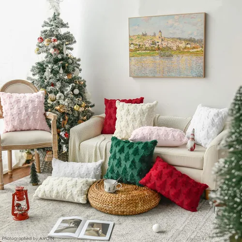 Vista 6 de AVOIN colorlife Juego de 2 fundas de almohada beige con árbol de Navidad, 16 x 16 pulgadas, felpa suave, piel sintética, jacquard, festivales