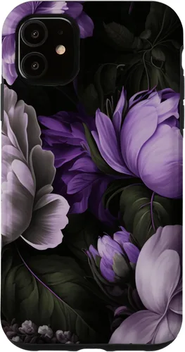 Vista 5 de Funda con estampado floral de flores de peonía púrpura y gris lavanda para iPhone 15