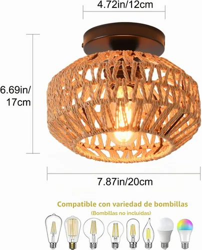 Vista 5 de 1 paquete de lámparas de granja para montaje en techo, mini lámpara de techo de ratán bohemio semiempotrada, accesorios de luz de pasillo tejidos a