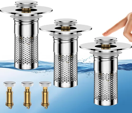 Vista 11 de Colador de Drenaje para Lavabo de Baño, Tapón Emergente Universal para Lavabo Recogedor de Pelo, Cesta de Filtro de Drenaje de Acero Inoxidable
