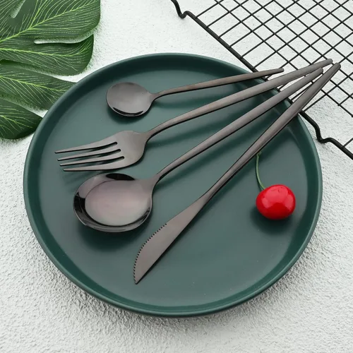 Vista 4 de Juego de cubiertos de 24 piezas, juego de cubiertos de acero inoxidable con espejo, cucharas, tenedores, cuchillos, diseño moderno, servicio para 6