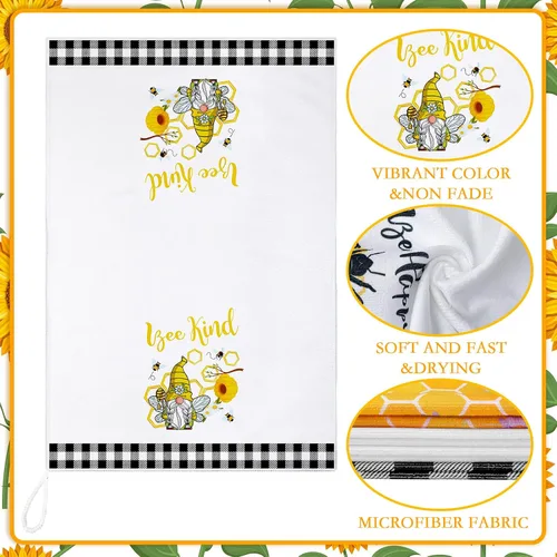 Vista 5 de Kajaia 4 toallas de cocina de abeja, diseño de abeja de miel, decoración de cocina, gnomo, sol, tela de verano, regalo de verano, paño absorbente