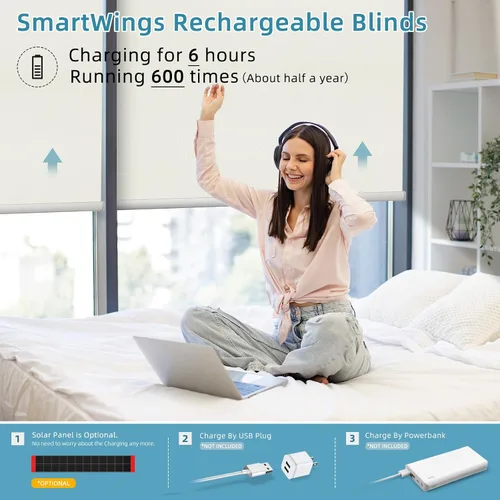 Vista 4 de SmartWings Z-Wave/Zigbee Smart - Persianas enrollables, vinilo beige Persianas motorizadas eléctricas 100% opacas con control remoto, persianas