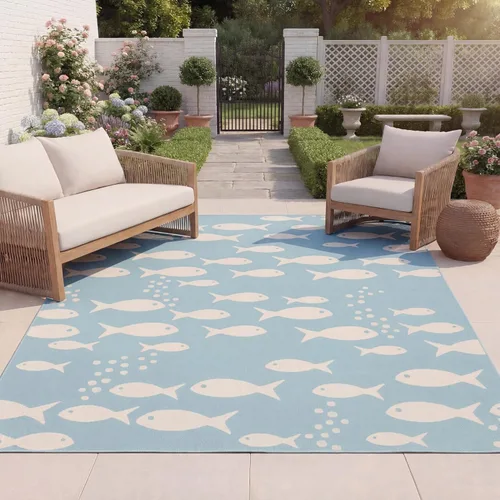 Vista 7 de SAFAVIEH Alfombra lavable para exteriores, colección Patio de 2.3 x 12 pies, color azul y beige, no desprende pelusa y fácil de limpiar, ideal