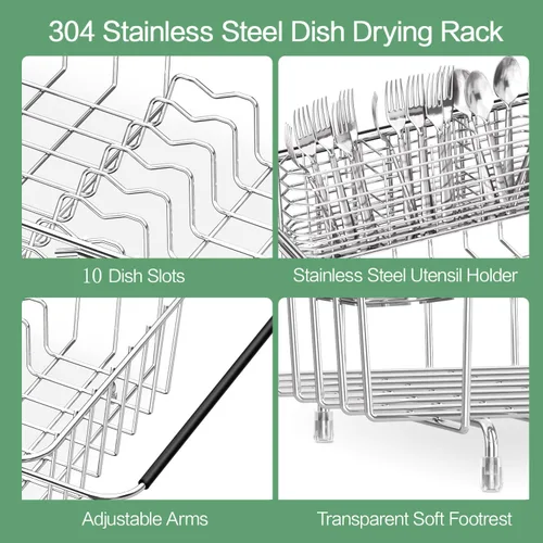 Vista 7 de Escurridor de platos grande para fregadero, escurridor de platos de metal de acero inoxidable 304 expandible con soporte para utensilios de acero