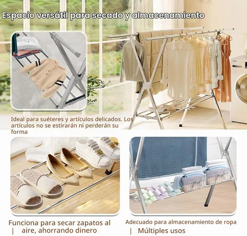 Vista 3 de JAUREE Tendedero de secado de ropa de 2 niveles, resistente para interiores y exteriores, de acero inoxidable, con 20 ganchos resistentes al viento
