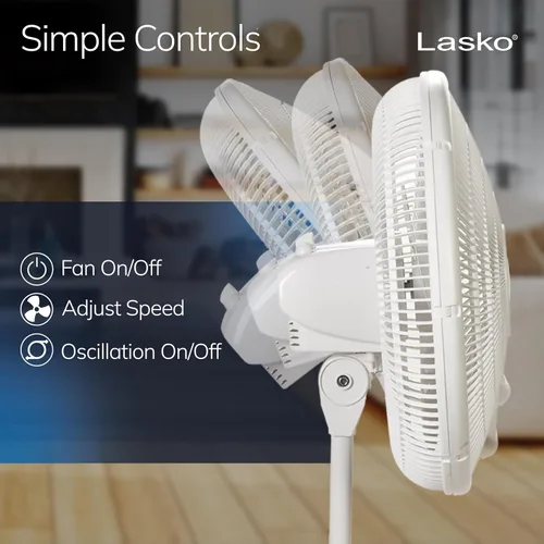 Vista 4 de Lasko Ventilador oscilante de pedestal – Ventilador de pie para dormitorio, sala de estar y oficina en casa – Altura ajustable – 3 velocidades