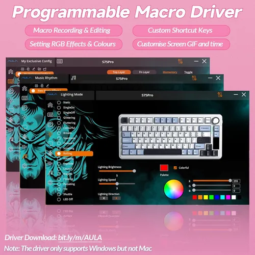 Vista 7 de AULA Teclado mecánico inalámbrico S75 PRO con pantalla y perilla, teclado para juegos intercambiable en caliente de tres modos 75%, interruptores