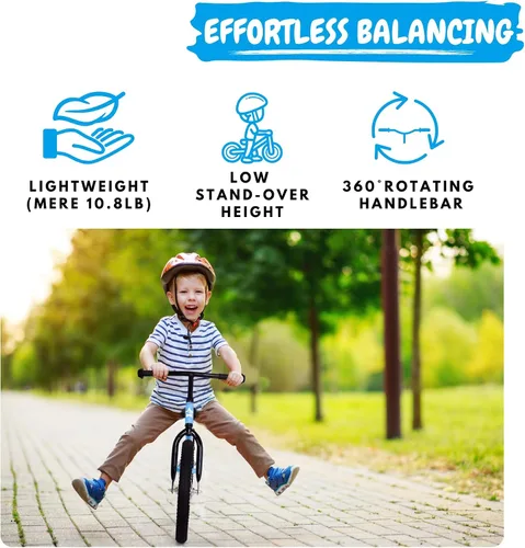 Vista 3 de Bicystar Bicicleta de equilibrio para niños de 16 pulgadas para niños de 5 a 8 años, sin pedales, neumáticos de aire, reposapiés, altura ajustable