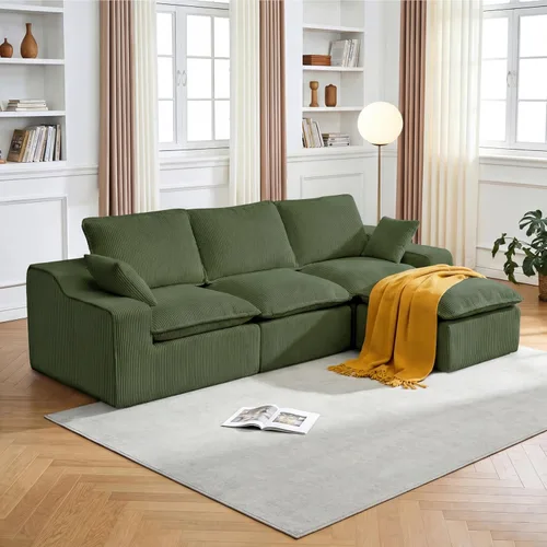 Vista 19 de Sofá seccional de pana sin hueso de 107 pulgadas para sala de estar, sofá modular con diván en forma de L, moderno sofá modular con asiento profundo