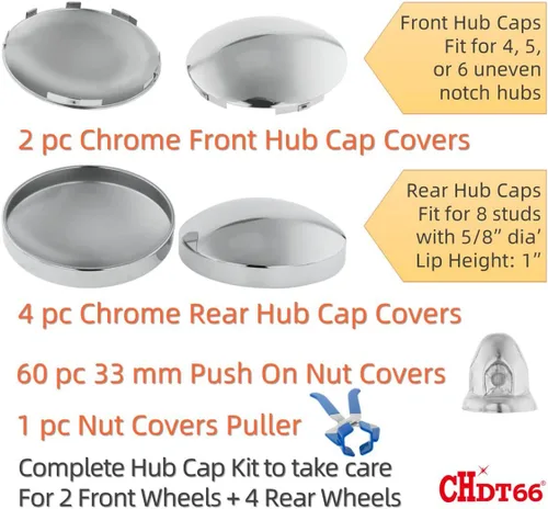 Vista 2 de Juego completo de cubiertas de cubo cromadas para semirremolques - Kit con 2 cubiertas delanteras, 4 traseras y 60 cubiertas de tuerca de 33 mm