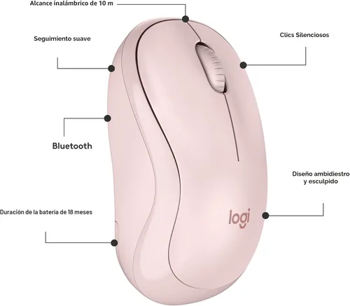 Vista 7 de Logitech M240 - Ratón inalámbrico compacto y silencioso con Bluetooth, color rosa Bluetooth connectivity, no USB receiver, quiet clicks, 3