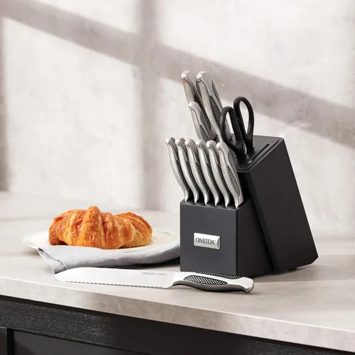 Vista 4 de Oneida Crosshatch - Juego de cuchillos de cocina con bloque (14 piezas) stainless steel, polished finish includes 6 steak knives precise