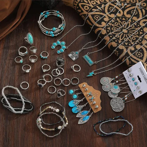 Vista 3 de IFKM Bohemian Jewelry Set With Turquoise Necklace, Dangle Earrings, Stackable Bangle Bracelets, Knuckle Rings For Women Vintage Western Boho