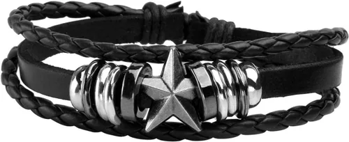 Vista 2 de Eigso Pulsera punk unisex de piel sintética con cuentas de madera para hombres y mujeres, cordón ajustable