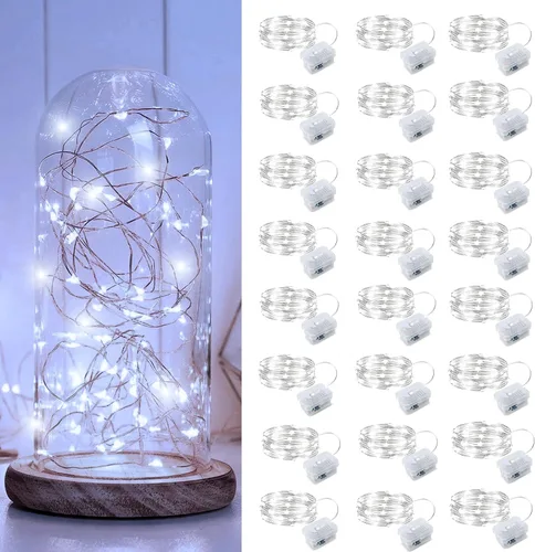 Vista 27 de Aogist Paquete de 24 luces de hadas, 3 modos, 2,1 metros, 20 luces LED, impermeables, cable plateado, funcionan con pilas, mini luces de alambre