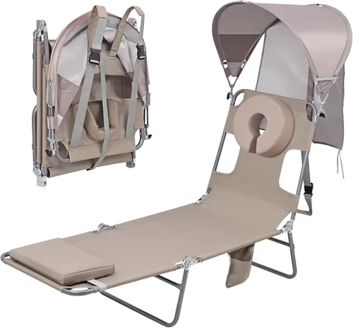 Vista 15 de Silla de bronceado de playa con mochila y toldo con protección solar y orificio para la cara, silla de sol plegable de 6 posiciones para adultos