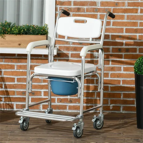 Vista 3 de Silla de cama 4 en 1, silla de ruedas para ducha, silla de transporte portátil con brazos y 4 frenos, inodoro portátil para adultos, personas